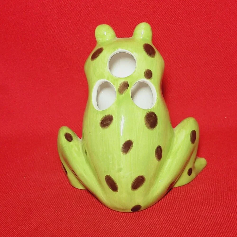Tooth Brush Stand Frog Figurine 3 Hole Green Ceramic Hand Painted